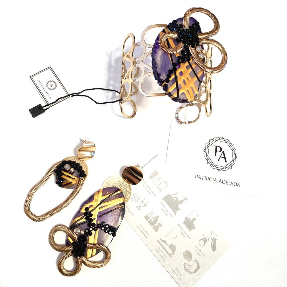 Gold Plated Bangle + Earrings PURPLE Agate